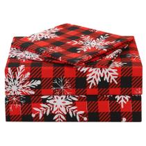 Conjunto de lençóis JSD Red Buffalo Plaid Snowflakes, tamanho completo, 4 peças
