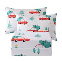 Conjunto de lençóis JSD Red Cars Christmas Kids em tamanho real, 4 peças