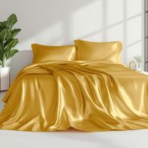 Conjunto de lençóis Love's Cabin, tamanho real, dourado, sedoso, cetim, 4 peças