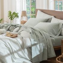 Conjunto de lençóis MooMee 100% algodão lavado e linho Queen Green