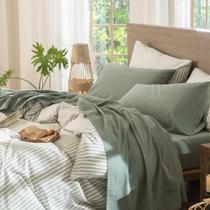 Conjunto de lençóis MooMee, algodão lavado, tipo king size, verde