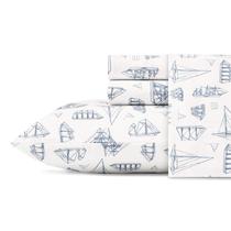 Conjunto de lençóis Nautica em tamanho real de algodão percal, madeira branca, azul, vela, azul