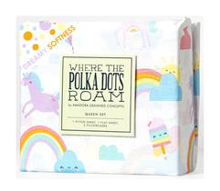 Conjunto de lençóis onde as bolinhas vagam pelo unicórnio arco-íris