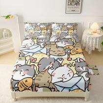 Conjunto de lençóis QOOMO Kawaii Cat Queen Size com 1 lençol com elástico, 1 lençol plano e 2 fronhas