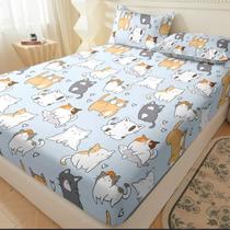 Conjunto de Lençol 2 e 3 Peças Estampa de Gatinhos Fofos, Azul, Peixe 400 Fios