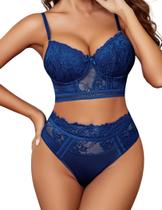 Conjunto de lingerie Avidlove, sutiã e calcinha de cintura alta, renda azul marinho Conjunto de lingerie Avidlove, sutiã e calcinha de cintura alta, renda azul marinho