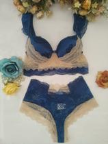 Conjunto de lingerie bicolor sensualcom detalhe nas alças em renda, calcinha cintura alta.