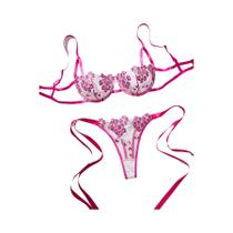 Conjunto de Lingerie Bordado Floral - Sutiã e Calcinha em Cetim Sexy