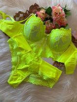 Conjunto De Lingerie Calcinha E Sutiã Cropped Com Bojo E Renda Luxo Neon