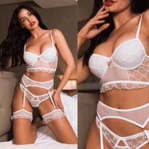 Conjunto de Lingerie Cinta Liga Rendado Branco