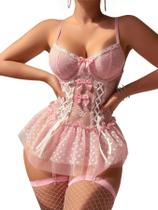 Conjunto de lingerie CRIPOM Sexy Lace Body Suits, espartilho, corset, rosa, feminino