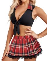 Conjunto de lingerie de cosplay Avidlove School Girl Outfit Red Xadrez Conjunto de lingerie de cosplay Avidlove School Girl Outfit Red Xadrez
