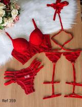 Conjunto de lingerie de renda com calcinha cinta liga sutiã cropped e choker de renda