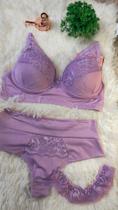 Conjunto de lingerie de renda roxo claro