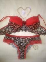 Conjunto de lingerie em renda vermelho/animal print M Borboleta moda íntima Conjunto de lingerie em renda vermelho/animal print M Borboleta moda íntima