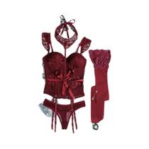 Conjunto De Lingerie Feminina Sensual De Renda Com Corpete Modelador, Suspensórios, Meias E