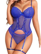 Conjunto de lingerie feminino Avidlove, espartilho exótico azul com pelúcia Conjunto de lingerie feminino Avidlove, espartilho exótico azul com pelúcia