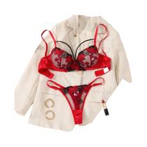 Conjunto De Lingerie Feminino Preto E Vermelho Com Bordado Floral, Conjunto De Sutiã De Duas Peças,