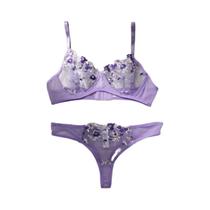 Conjunto De Lingerie Feminino Sexy Com Renda, Sutiã Push-up E Calcinha, Semitransparente Com Bordado