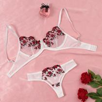 Conjunto De Lingerie Feminino Sexy Com Renda, Sutiã Push-up E Calcinha, Semitransparente Com Bordado