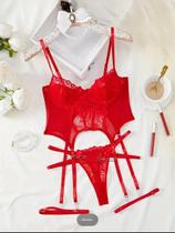 Conjunto de Lingerie Floral com Renda - Sutiã com Aro, Calcinha e Gargantilha