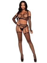 Conjunto de Lingerie Leg Avenue 3 Peças Top Cropped de Arrastão Preto