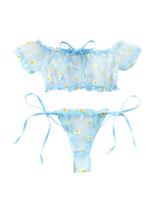 Conjunto de lingerie Lilosy Sexy Stretch Ruffle Tie Sheer Mesh Blue