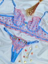 Conjunto de lingerie personalizável fio borboleta em tule com coração azul com rosa Conjunto de lingerie personalizável fio borboleta em tule com coração azul com rosa