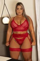 Conjunto de lingerie plus size sensual rendado com cinta liga e calcinha fio dentalcor: vermelho