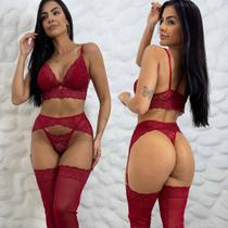 Conjunto De Lingerie Renda Com Cinta Liga e Meias Sensual Sem Bojo