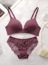 Conjunto De Lingerie Sem Fio Para Mulheres Sexy Em Renda, Cor Sólida, Dois Peças, Sutiã E Calcinhas