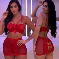 Conjunto de Lingerie Sensual Com Saia Transparente Abertura Rendada