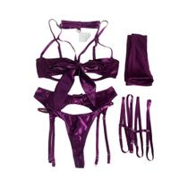 Conjunto De Lingerie Sexy Com Sutiã De Seda Com Laço E Luvas E Tanga Com Liga Roupa Íntima Sensual