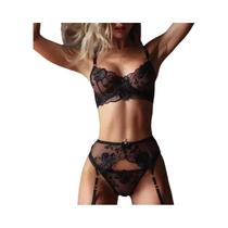Conjunto De Lingerie Sexy Com Sutiã Push-up E Calcinha Com Renda Bordada, Top Com Decote Profundo Em