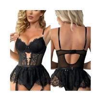 Conjunto De Lingerie Sexy Com Sutiã Transparente De Renda E Cinta-Liga Para Adultos