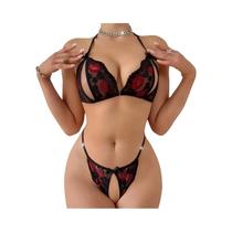 Conjunto De Lingerie Sexy Feminina Com Estampa De Lábios E Laço, Bralette E Calcinha Transparente