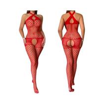 Conjunto De Lingerie Sexy Feminina plus Size: Sutiã De Rede, Bodystocking Vazado Elástico E Corpete