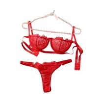 Conjunto de Lingerie Sexy Feminina - Renda Transparente com Bordado e Push-up