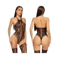 Conjunto De Lingerie Sexy Para Mulheres Negras: Bodystocking De Renda Com Rede, Sutiã E Calcinha