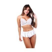 Conjunto de Lingerie Sexy Rendada 3 Peças Sutiã Calcinha e Sainha Branco