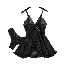 Conjunto De Lingerie Sexy Transparente Em Tamanho Plus, Vestido De Noite De Seda Com Renda E Tanga
