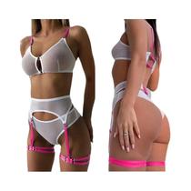 Conjunto De Lingerie Sexy Transparente Para Cosplay Feminino Com Sutiã, Calcinha E Suspensórios