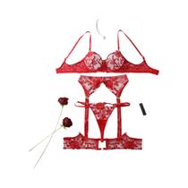 Conjunto De Lingerie Slim Fit Vermelho Com Bordado De Rosa E Decoração De Pedras Preciosas, Conjunto