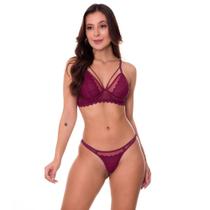 Conjunto de Lingerie Strappy em Renda e Tule Transparente sem Bojo Moda de Baixo - VC3264