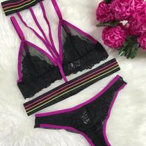 Conjunto de Lingerie sutiã sem bojo e calcinha fio dental em tule com choker (3210) - P,M,G,GG