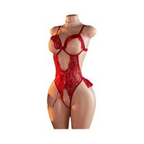 Conjunto De Lingerie Transparente Sexy Para Mulheres: Body Branco E Vermelho Com Renda, Decote V Conjunto De Lingerie Transparente Sexy Para Mulheres: Body Branco E Vermelho Com Renda, Decote V