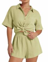 Conjunto de linho Flygo feminino casual de 2 peças, conjunto de pijama de praia Conjunto de linho Flygo feminino casual de 2 peças, conjunto de pijama de praia