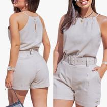 Conjunto de Linho Shorts,Blusa e Cinto