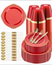 Conjunto de Louça Descartável Goodluck 350 Peças Vermelho com Borda Dourada para 50 Pessoas Conjunto de Louça Descartável Goodluck 350 Peças Vermelho com Borda Dourada para 50 Pessoas