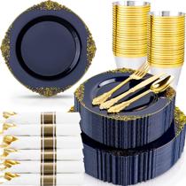 Conjunto de Louça Descartável Nervure 350 Peças Azul Marinho e Dourado para 50 Pessoas Conjunto de Louça Descartável Nervure 350 Peças Azul Marinho e Dourado para 50 Pessoas